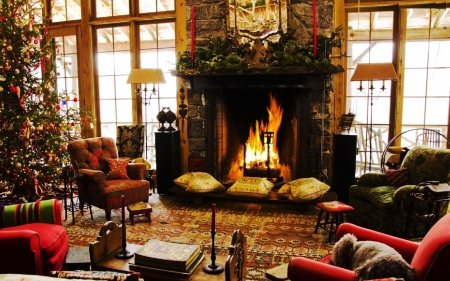 Cozy Home - chimney, christmas, fireplace, decoration, fire, armchairs, tree