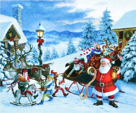 Santa with Sleigh - cottage, xmas, trees, winter, christmas, reindeer, artwork, sleigh, snow, house