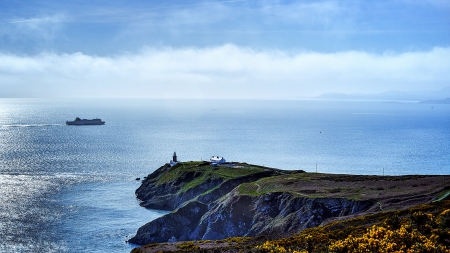 ship passing lighthouse on the point - ship, lighthouse, point, sea