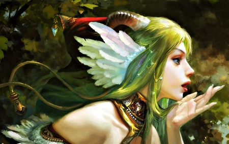 Fantasy girl - woman, beauty, girl, wings, fantasy, horns, white, red, green