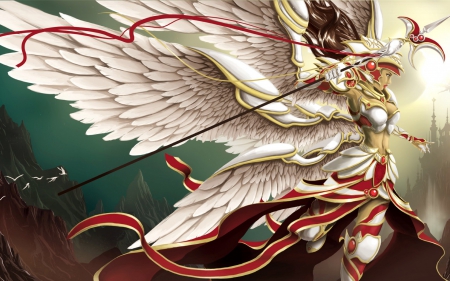 Angel - game, fantasy, white, green, wings, spear, angel, redd