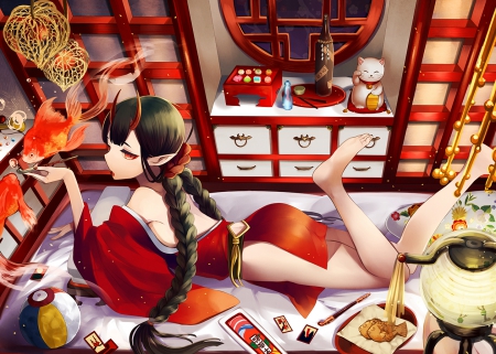 Youkai princess - nice, beauty, princess, female, room, anime girl, black hair, red eyes, cool, lantern, game, anime, kimono, demon, sexy, youkai, long hair, night, horns, cg, beautiful, fish, awesome, sexyroom, dress, lights