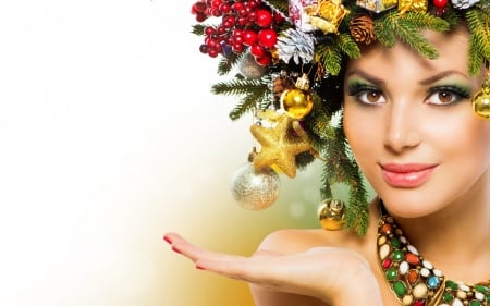 Christmas beauty - woman, beauty, girl, model, christmas, fir, yellow, red, green, tree