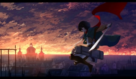 Mikasa Ackerman - pretty, anime, female, light, short hair, weapon, nice, sky, shingeki no kyojin, fighter, attack on titan, anime girl, cluds, beautiful, sword, city, beauty, cool, fantasy, sunset, awesome, Mikasa Ackerman, black hair, fanatsy