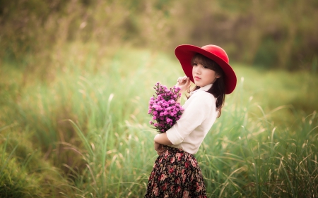 â™¥ - oriental, beauty, model, hat, flowers, photography