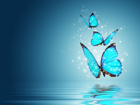 Blue butterflies - glow, butterfly, magic, blue, mood, water, butterfly magic