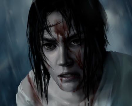 Saskue - art, red, rain, hair, blood, saskue uchiha, black haira