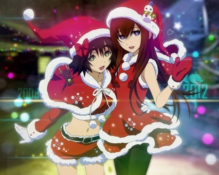 Merry early X-mas - hat, x mas, hair, long hair, chritsmas, cool, glowing, snow, gate stien, short hair, dress