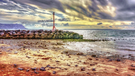 stone sea break in llandudno wales hdr - clouds, beach, hdr, sea, breaker, stones