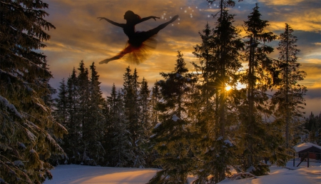 Winter - winter, ballerina, background, forest, sky