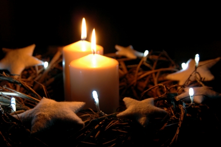 Merry Christmas!â™¥ - flame, home, stars, candles, wreath, christmas, lights