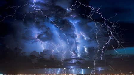 spectacular lightning storm - lights, storm, lightning, clouds, city, night