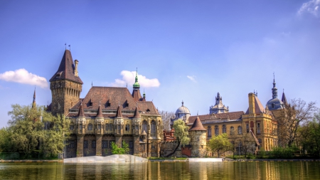 riverside castle in budapest hungary - sky, towers, castle, river