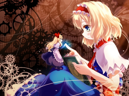 We'll Always Have Each Other - ribbons, headband, blue eyes, long hair, shanghai doll, apron, book, alice margatroid, touhou, anime, friends, short hair, dress, blonde