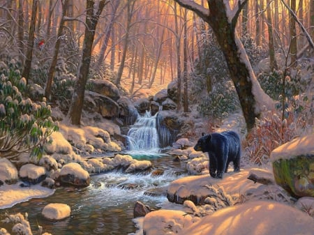 â˜…Snow Seasonsâ˜… - wildlife, love four seasons, forest, rocks, creek, xmas and new year, artwork, forests, nature, paintings, winter, animals, attractions in dreams, streams, bear, landscapes, trees, painting, snow