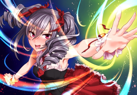 Kanzaki Ranko - anime, idolmaster cinderella girls, kanzaki ranko, dress, bows, pink eyes, idolmaster, ponytails, gray hair