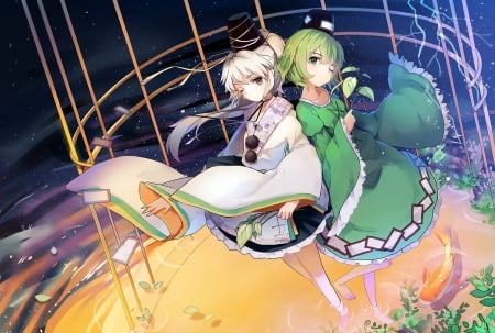 Soga No Tojiko & Mononobe No Futo - hat, gray eyes, long hair, mononobe no futo, barefeet, touhou, green eyes, dresses, soga no tojiko, fish, anime, friends, wink, green hair, short hair, white hair