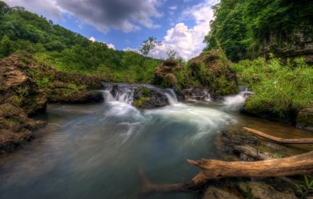 Forest River - clouds, trees, waterfalls, blue, forest, river, logs, white, nature, green, plants, dirt, sky