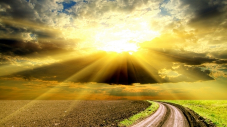 extreme sunshine above rural fields - rays, fields, sunshine, clouds, road