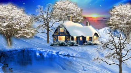 ~*~ Winter Sun Raise ~*~ - winter, winter wonderland, winter house, winter sun raise