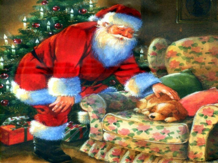 Dreaming of Santa - dog, candles, artwork, armchair, tree, decoration, pup