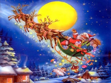 Santa's Sleighride - winter, cottage, artwork, sledge, reindeers, moon, trees, glitter, snow