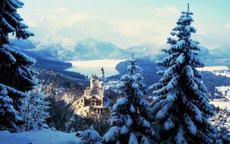 Fairytale Castle Neuschwanstein - bavaria, germany, winter, landscape, snow, lake, mountains