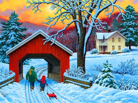 Winter walk - nice, fun, cottage, sky, trees, joy, sunset, painting, art, home, pretty, children, cold, walk, house, tree, bridge, winter, kids, lovely, village, covered, frost, snow, beautiful, friends