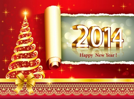 Happy new 2014 year - red, pretty, winter, happy, 2014, beautiful, wishes, christmas, decoration, holiday, background, nice, golden, lovely, tree, new year