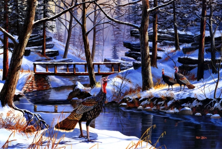 Winter calmness - nice, trees, animals, stream, creek, turkey, painting, art, quiet, calmness, river, frozen, bridge, ice, park, winter, shore, lovely, serenity, forest, snow, beautiful, frost