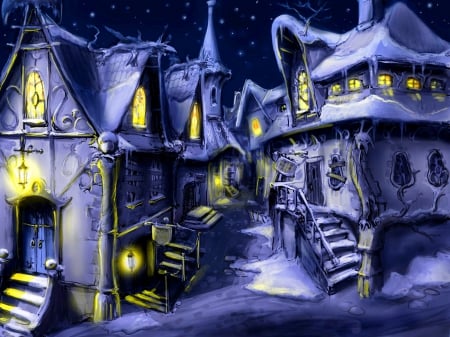 Fantasy winter town - houses, winter, night, fantasy, evening, snow, enchanted, dusk, lights