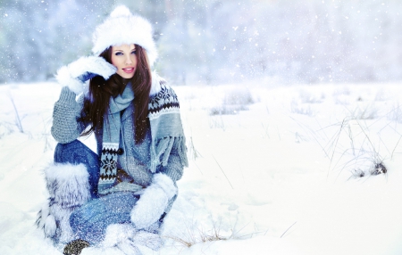 *Winter Beauty* - winter, snowflakes, blue, beautiful, photography, snow, fashion, girl, beauty, fur, woman, brunette