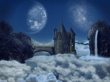 Fairytale - moon, magical, waterfall, lovely, fantasy, heaven, fairytale, beautiful, clouds, blue, color