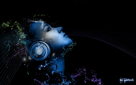 liquifying thoughts - abstract, Girl, color, listening music, mysterious