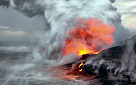 Lava Flow into the Pacific Ocean, Hawaii - Ocean, Lava, Flow, Steam