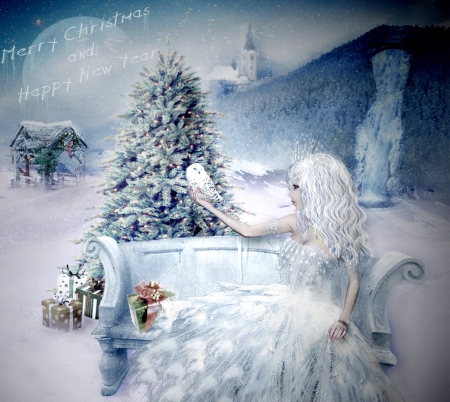 WINTER PRINCESS - SNOW, DRESS, WINTER, BIRD, TREE, CHRISTMAS, FEMALE, PRINCESS, OWL