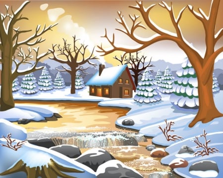 Winter - winter, river, house, tree, snow