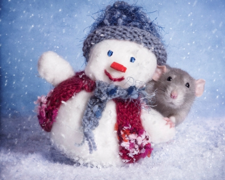 Snowman and mice - snowman, cute, mice, snow