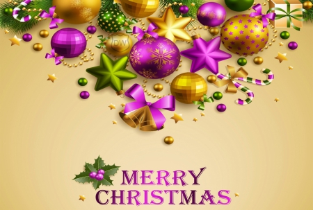 Merry Christmas - balls, purple, stars, merry christmas, ribbons, green, golden, symbols