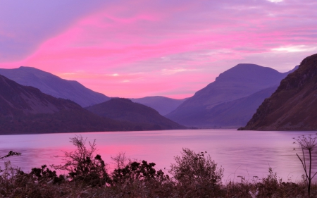 Sunset - lake, purple, pink, water, landscape, mountain