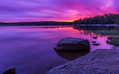 Sunset - stone, purple, lake, pink, water, rock, sunset, sea