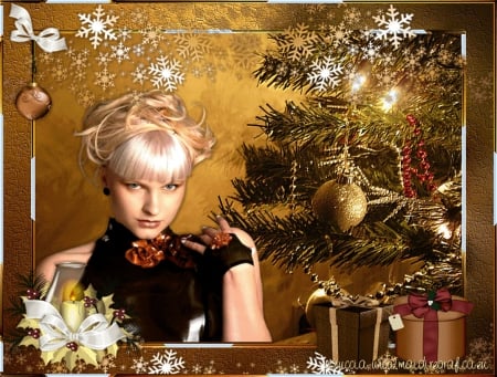 It's Christmas Time - trees, decoration, woman, glitter, lights, artwork