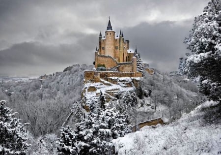 Alcazar Castle, Segovia, Spain - trees, winter, landscape, snow, building