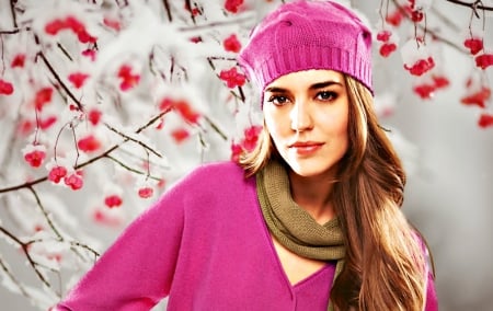 Clara Alonso - woman, hat, girl, berry, winter, scarf, model, clara alonso, white, pink, red