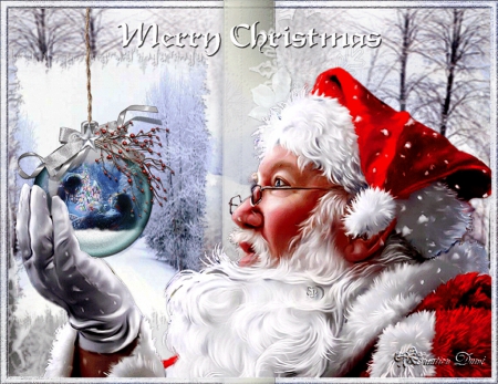 Merry Christmas - santa, window, artwork, snow, ball, ornaments, christmas