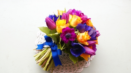 Flowers - flowers, nature, yellow, purple, blue, beautiful, ribbon, colors