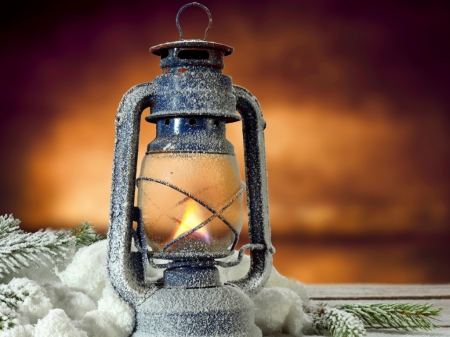 Lamp - snow, flame, lamp, light, lantern, pine tree, twig, vintage, boron