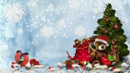 Christmas Teddy Bear - snowflakes, finch, christmas, decorations, snow, pine cones, tree, teddy bear, gifts, feliz navidad, birds