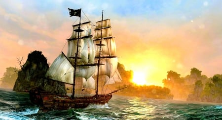 SUNSET SAILING - screenshot, Black Flag, ship, sails, Assassins Creed 4