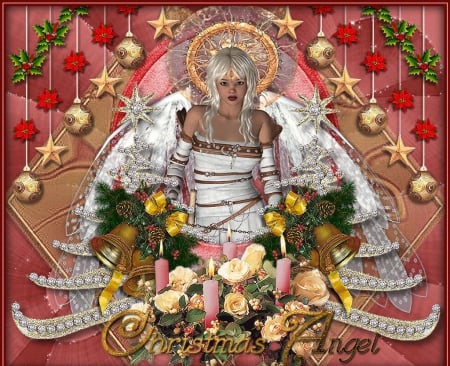 Christmas Angel - ornaments, blossoms, decoration, gifts, balls, bells, flowers, artwork